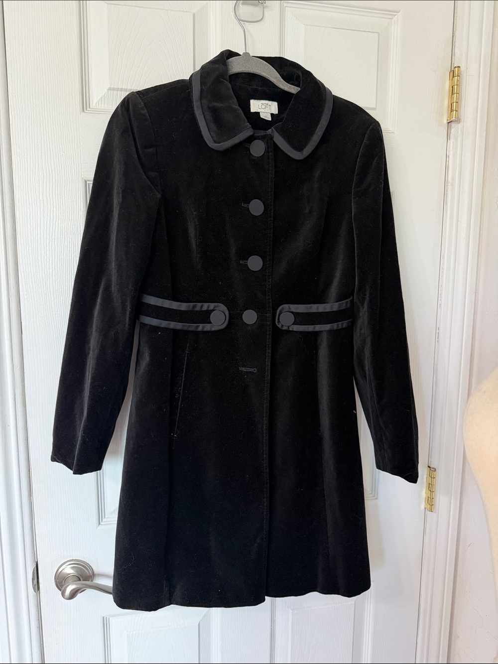 LOFT Black Velvet Trim Button-Front Trench Coat